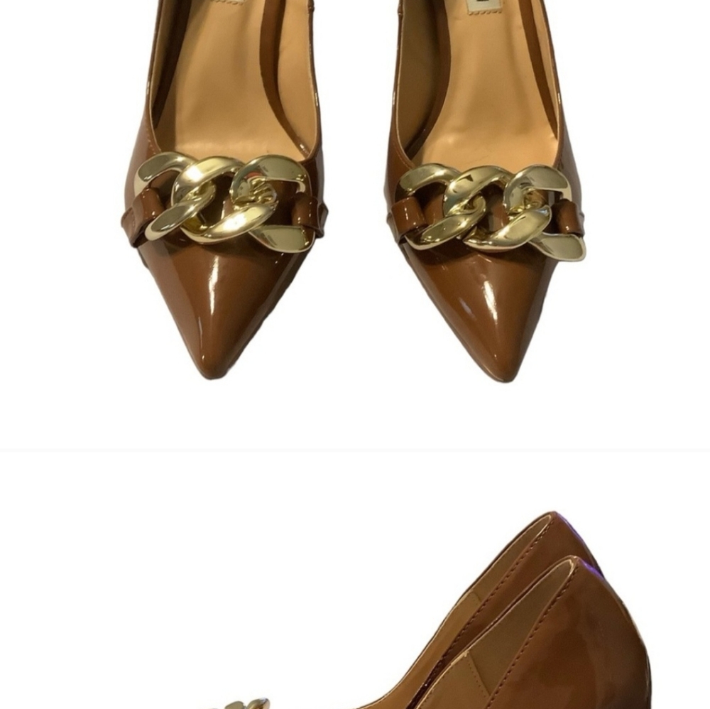 Steve Madden Zilda Cognac Patent LeatherStiletto Pump w/Gold Chain Deta